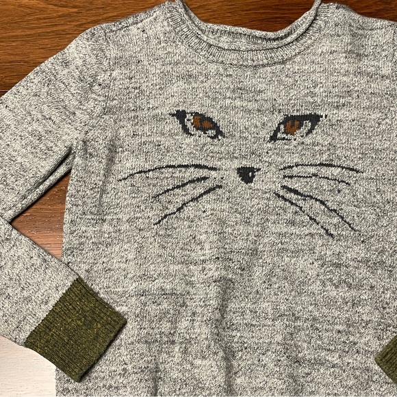 Kids GAP Heather Gray Sweater with Cat Face and Olive Trim 100% cotton sz 6/7 - Picture 2 of 9